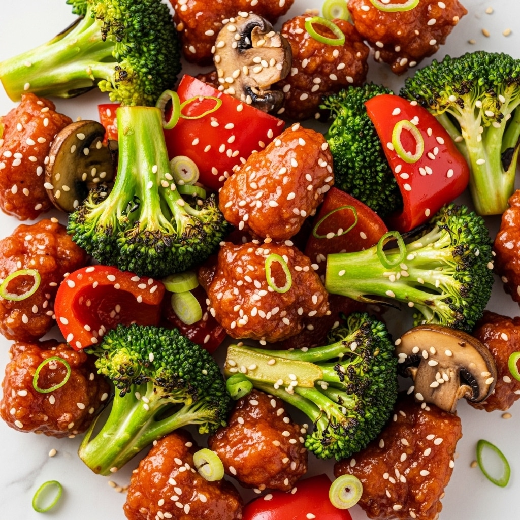 The image shows a close-up of a stir-fry dish with pieces of crispy, reddish-brown chicken coated in a glossy sauce scattered across the scene. Bright green broccoli florets with slightly charred edges are mixed evenly throughout the dish. There are chunks of red bell pepper adding vibrant color, along with brown mushroom slices and thinly sliced green onions sprinkled on top. Small white sesame seeds are sprinkled across the whole dish, adding texture and contrast, all set on a white marbled surface. Photo taken with an iphone --ar 4:5 --v 7