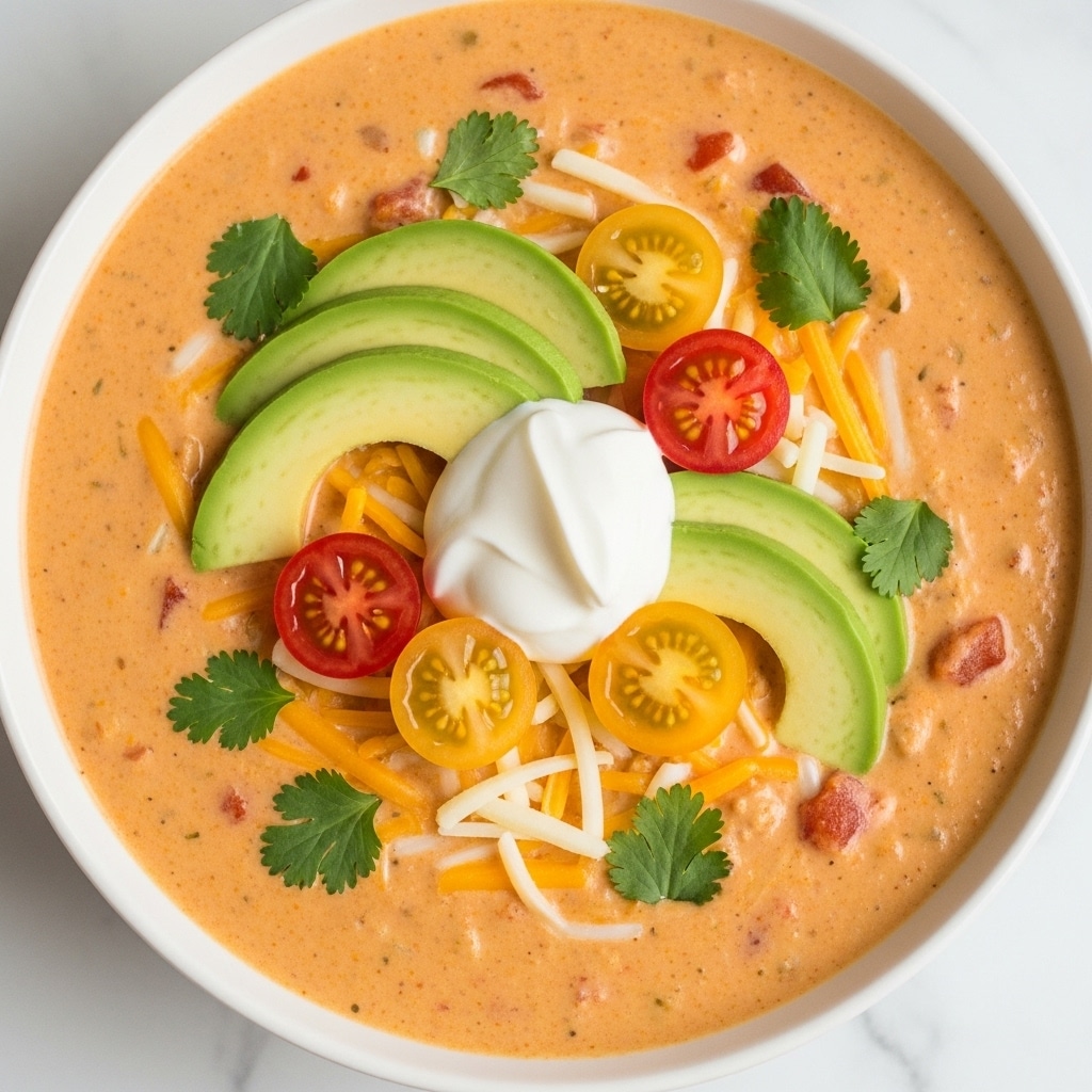 A close-up view of a creamy soup with a light orange color, filled in a white bowl on a white marbled surface. The soup has a smooth, slightly chunky texture with small bits of tomato visible. It is topped with a dollop of white sour cream in the center, surrounded by thin slices of pale green avocado, shredded yellow and white cheese, halved cherry tomatoes in red and yellow colors, and dark green cilantro leaves scattered over the top. The photo taken with an iphone --ar 4:5 --v 7