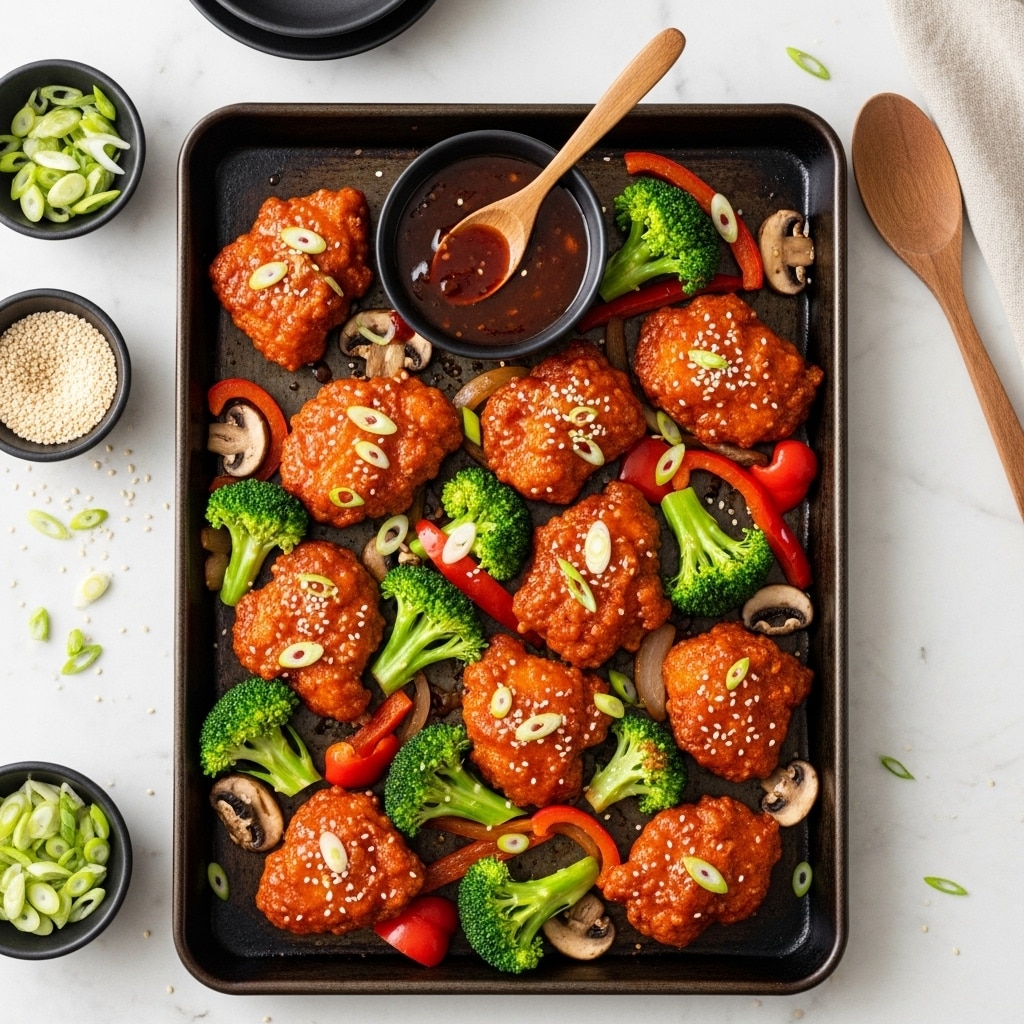 A dark metal baking sheet filled with several pieces of crispy, reddish-orange fried chicken scattered unevenly. Among the chicken pieces are bright green broccoli florets, deep red bell pepper chunks, and sliced brown mushrooms, all mixed together. Light green slices of scallions are sprinkled over the top. A small black bowl with a wooden spoon containing a dark reddish-brown sauce sits near the top center of the sheet. The setting includes small bowls with sesame seeds and more scallions on a white marbled surface, and a wooden spoon is resting on the tray. photo taken with an iphone --ar 4:5 --v 7