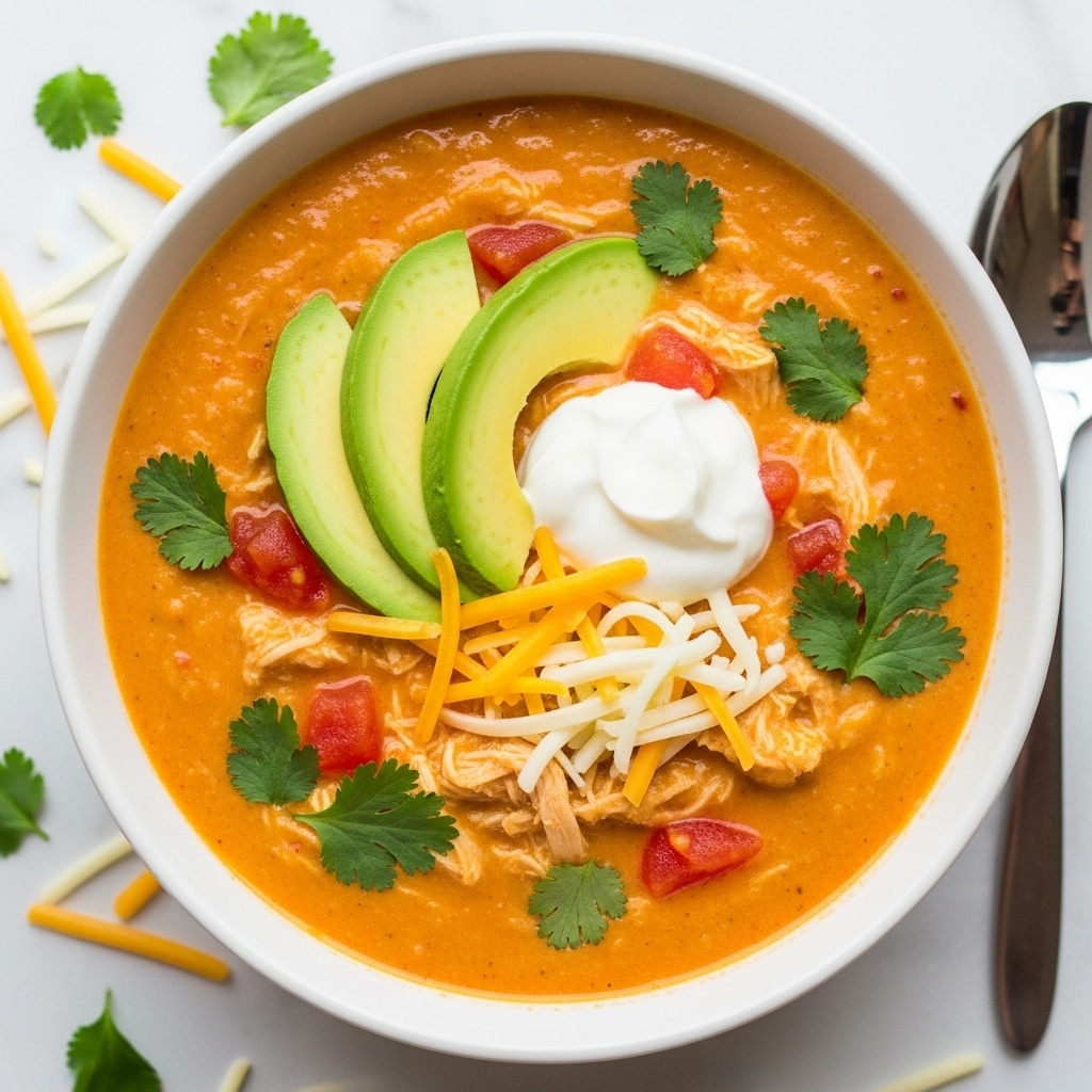 This image shows a bowl of creamy orange soup with a smooth texture, filled with small pieces of shredded chicken and bits of tomato. On top, there are three slices of avocado, a dollop of white sour cream, shredded yellow and white cheese, and fresh green cilantro leaves scattered around. The soup is served in a white bowl sitting on a white marbled surface, with some scattered shredded cheese and a spoon on the side. photo taken with an iphone --ar 4:5 --v 7