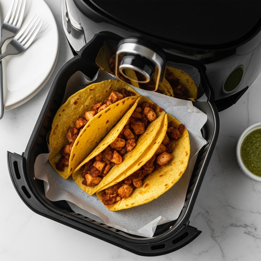 The image shows three folded tacos inside a black air fryer basket lined with parchment paper. Each taco has a golden brown, slightly crispy corn tortilla folded in half, holding a visible brown filling. The air fryer basket and part of the black air fryer lid are seen from above, with the lid being lifted. The background is a white marbled texture with a white plate holding forks and a small white bowl with a green sauce nearby. Photo taken with an iphone --ar 4:5 --v 7