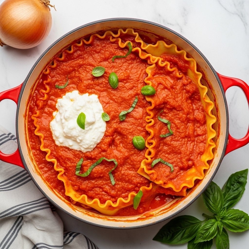 A red pot filled with bright orange-red lasagna covered in thick tomato sauce, visible pasta edges curled gently on one side, topped with a dollop of white ricotta cheese on the left and small green basil leaves scattered across the surface. The pot sits on a white marbled surface with a whole onion on the top left and some fresh basil leaves next to the bottom right of the pot. Photo taken with an iphone --ar 4:5 --v 7