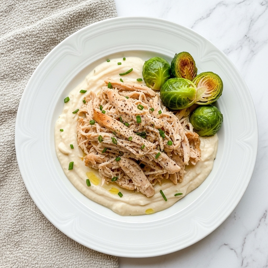 The dish is served on a white plate with a slightly raised rim, placed on a white marbled texture surface with a beige textured cloth nearby. The base layer is a creamy, smooth white sauce spread evenly across the plate. On top of this sauce lies a generous portion of shredded chicken, light brown with visible seasoning of black pepper and some green herbs sprinkled over. To the side, there are a couple of bright green roasted Brussels sprouts adding a fresh pop of color. The dish looks warm and hearty with a mix of creamy and textured elements. photo taken with an iphone --ar 4:5 --v 7