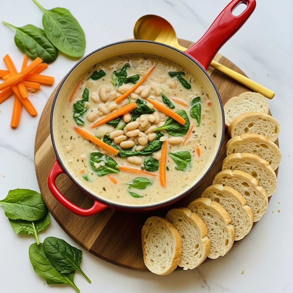 A red pot filled with a creamy, thick soup that has a light beige color, containing visible pieces of white beans, thin orange carrot strips, and dark green leafy spinach mixed throughout. The pot sits on a round wooden board, and next to it are several slices of light brown bread arranged in a slight curve. The scene has a few loose spinach leaves and carrot strips scattered near the pot, all placed on a white marbled surface. A golden spoon is partially visible behind the pot handle. photo taken with an iphone --ar 4:5 --v 7