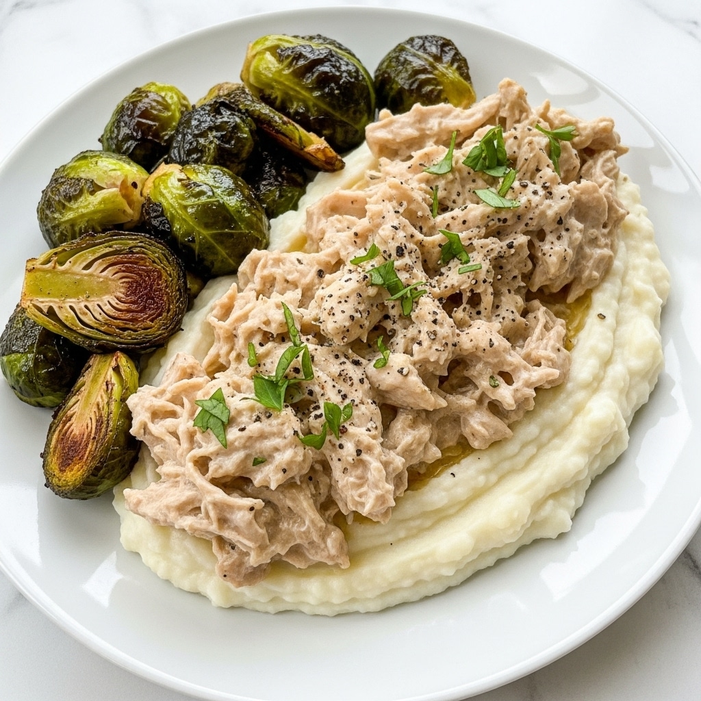 A white plate holds a serving of creamy white mashed potatoes as the bottom layer, topped with shredded chicken that has a light brown color mixed with creamy sauce, sprinkled with small green herb pieces and black pepper. On the left side of the plate, there are several green roasted Brussels sprouts with a shiny, slightly charred texture. The background is a white marbled surface. photo taken with an iphone --ar 4:5 --v 7