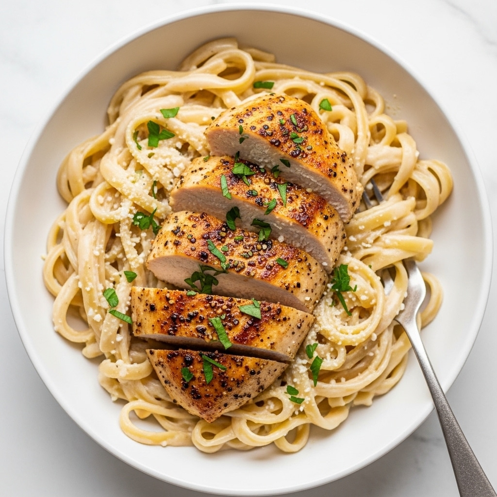 A white plate holds a creamy fettuccine pasta coated in a thick white sauce, with a slight shine from the cream. On the right side of the plate, there are five slices of golden-brown grilled chicken breast, showing a crispy and seasoned outer layer and tender white inside. The chicken and pasta are topped with finely chopped green herbs and a light sprinkle of grated cheese. The plate rests on a white marbled surface, with a bowl of chopped green herbs at the top and a knife and fork on the sides. A light blue cloth is partly visible in the upper right corner. Photo taken with an iphone --ar 4:5 --v 7