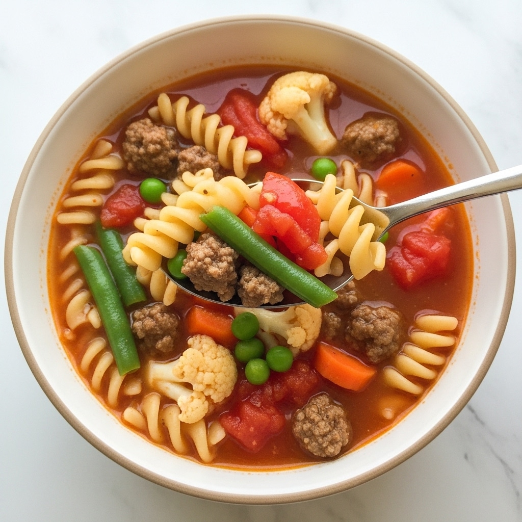 The image shows a bowl of vegetable and beef pasta soup with a silver spoon lifting some spiral pasta, ground beef, red tomato pieces, and green beans from the bowl. The soup has a rich reddish broth filled with spiral pasta, small chunks of cooked ground beef, green beans, diced tomatoes, peas, and small pieces of cauliflower and carrots spread throughout. The bowl is white with a subtle beige rim and sits on a white marbled textured surface. Photo taken with an iphone --ar 4:5 --v 7