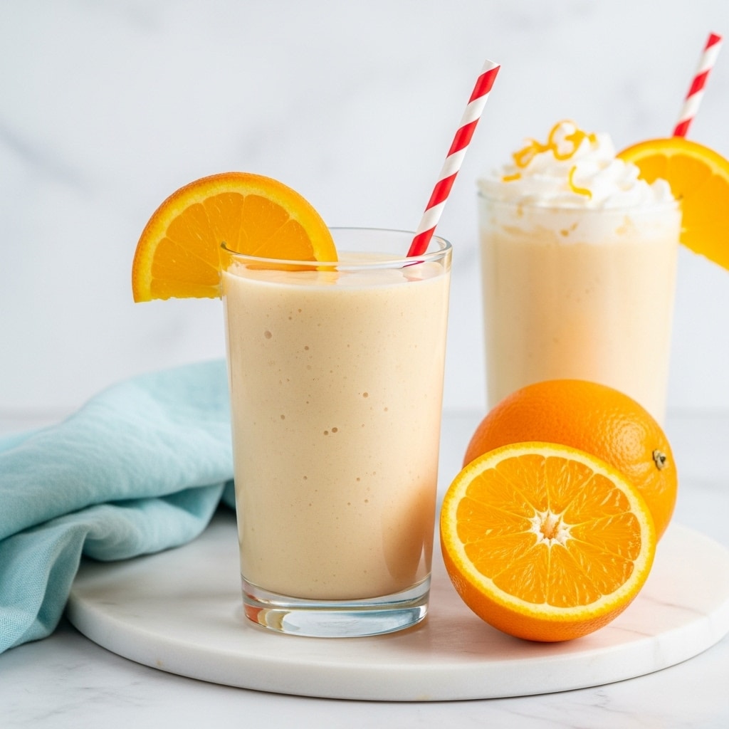 A tall clear glass filled with a smooth, creamy light orange smoothie, garnished on the rim with a fresh orange slice and a red and white striped straw sticking out. Next to the glass, there is a white marbled surface holding a halved bright orange fruit showing its juicy inside, and in the background, another glass of the same smoothie topped with white whipped cream and orange zest. A light blue cloth is casually placed on the white marbled surface near the front, giving a soft contrast. Photo taken with an iphone --ar 4:5 --v 7