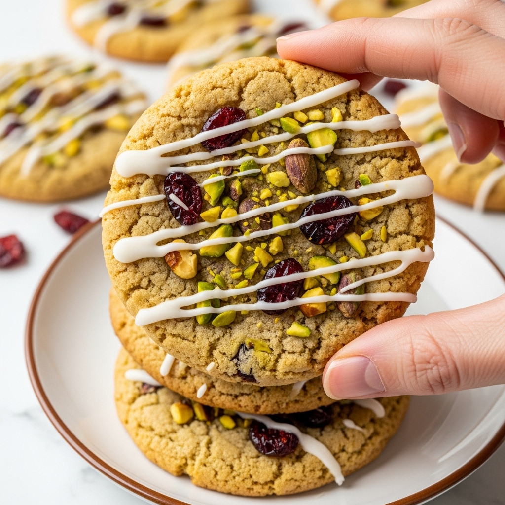 Two round cookies are stacked in a woman's hand with the top cookie showing clear details: it has a light golden-brown texture with visible pieces of red dried cranberries, green pistachios, and chopped nuts spread across the surface. There are five thin white icing lines drizzled across the top, adding contrast to the rough texture of the cookie. The woman's fingers gently hold the edges at the bottom. The cookies rest above a white plate with a thin brown rim, set on a white marbled surface. In the blurry background, more cookies with similar toppings are scattered. photo taken with an iphone --ar 4:5 --v 7