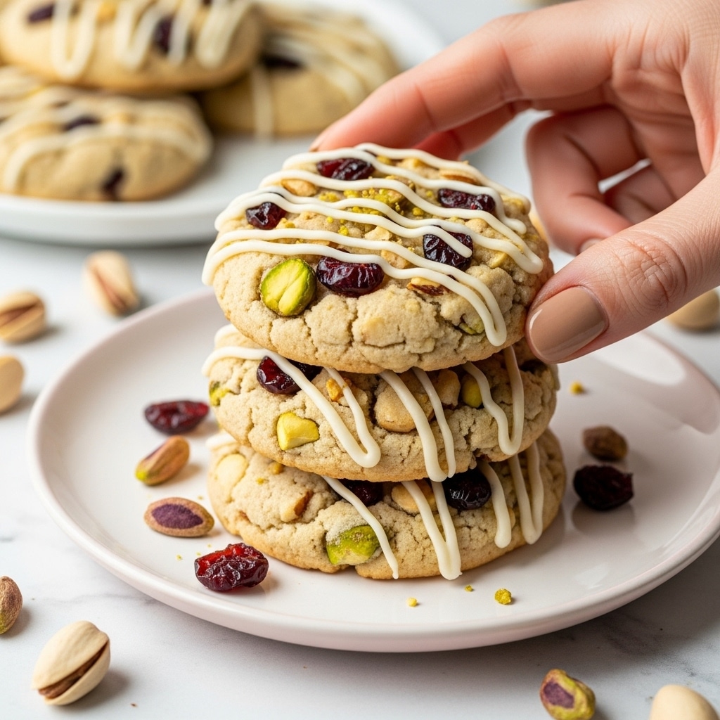 The image shows a close-up of a stack of three round cookies with a light beige color, dotted with red dried cranberries and green pistachios, along with small chopped nuts scattered within the cookie dough. The top cookie is decorated with thin, uneven white icing lines drizzled across its surface. A woman's hand with neatly manicured light tan nails is holding the stack from the right side. The cookies sit on a white plate with a soft pink rim, and a few pistachios and nuts are scattered around the plate on a white marbled background. Another similar white plate with more cookies is blurred in the background. Photo taken with an iphone --ar 4:5 --v 7