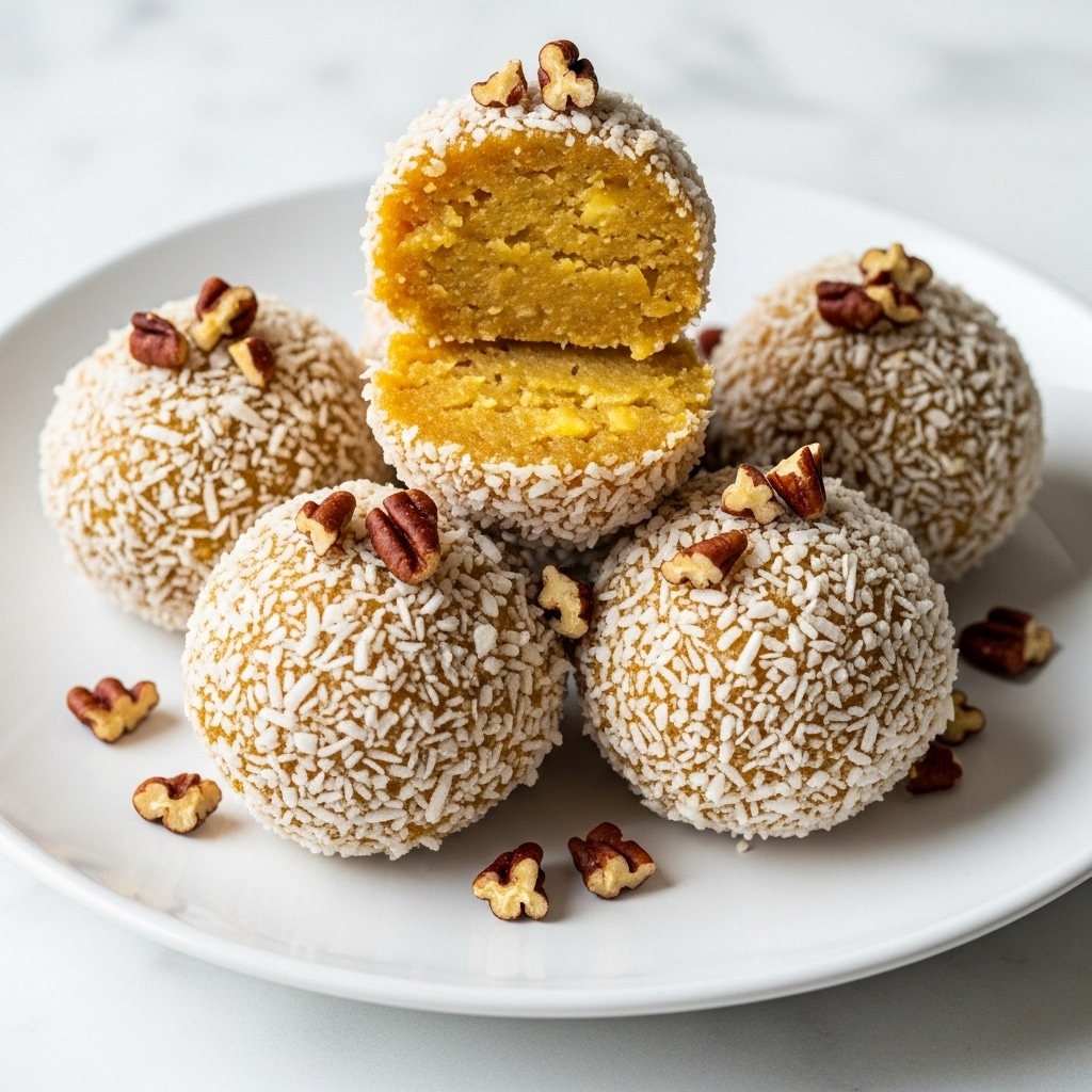 The image shows a white plate with several round balls covered in white shredded coconut and small pieces of brown nuts. One ball is cut open, showing three layers: the outer layer is golden brown and crumbly with coconut and nuts, the middle layer looks sticky and darker brown with some syrup or caramel, and the center is creamy and white. The balls are arranged close together on the plate, with extra coconut and nut pieces scattered around. The background is a white marbled texture. photo taken with an iphone --ar 4:5 --v 7