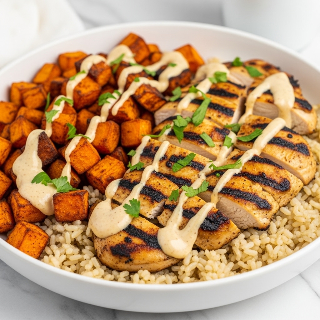 A white bowl filled with a base layer of light brown cooked rice that looks soft and fluffy. On top, there are two main layers side by side: on the left, bright orange roasted sweet potato cubes with a slightly crispy texture, and on the right, golden-brown grilled chicken pieces with clear grill marks. Both the sweet potatoes and chicken are covered with a light beige creamy sauce drizzled over them, sprinkled with small bits of fresh green herbs. The bowl is placed on a white marbled surface. photo taken with an iphone --ar 4:5 --v 7