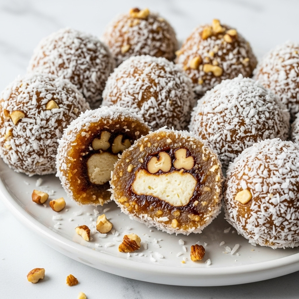 The image shows a white plate holding five round dessert balls, with one ball cut in half and placed on top, revealing a moist, dense, yellow interior. Each ball is coated fully in toasted shredded coconut, giving a rough texture and a mix of white and golden brown colors. Scattered over and around the dessert balls are small pieces of chopped pecans, adding a dark brown and reddish touch. The dessert balls have a slightly uneven surface due to the coconut flakes, and the white plate sits on a white marbled surface with soft natural light coming from the background. photo taken with an iphone --ar 4:5 --v 7