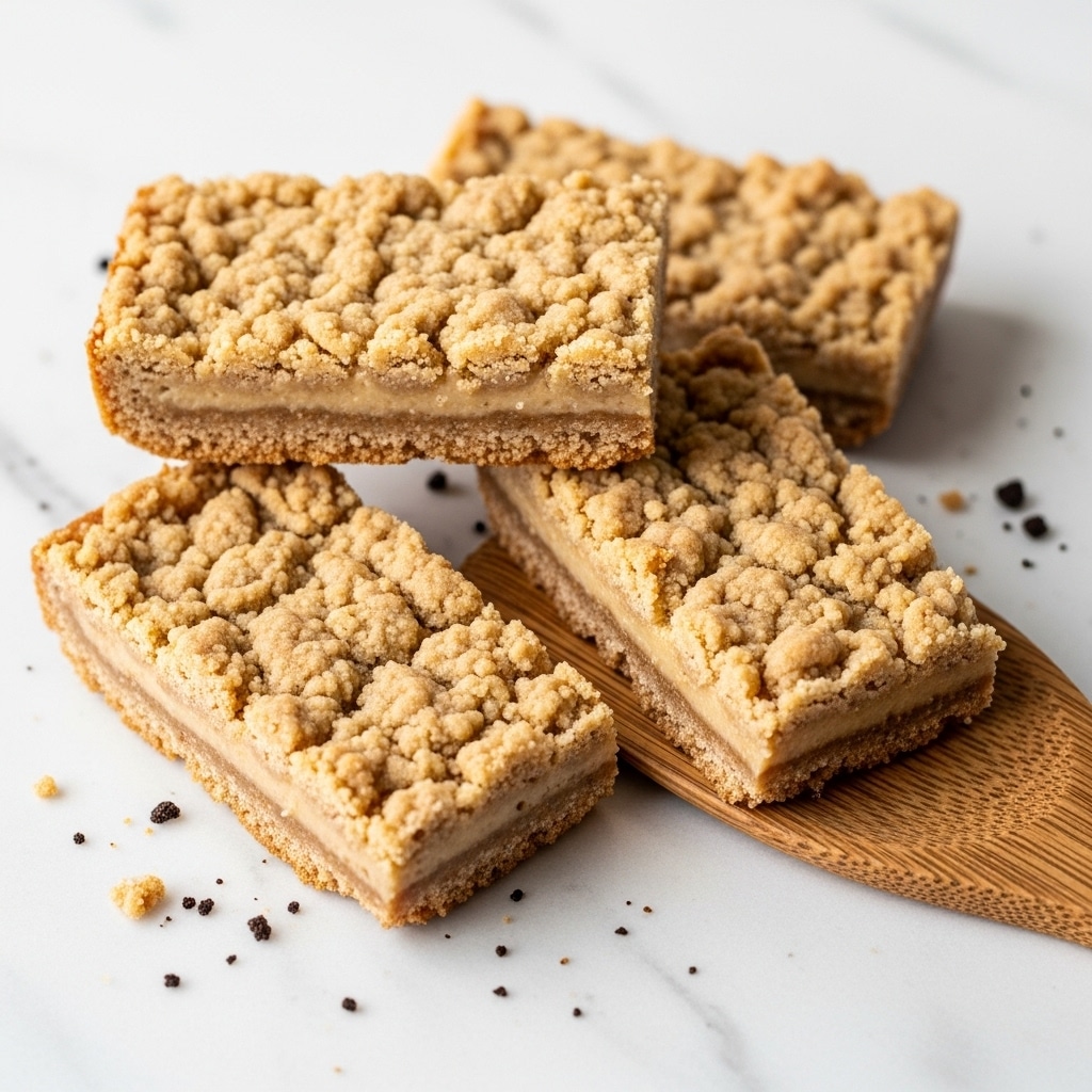 The image shows three rectangular dessert bars with crumbly, golden-brown tops that have a slightly cracked texture and a smooth, soft-looking base. They are placed in a loose pile on a white marbled surface with some dark crumbs scattered around. A wooden spatula with a subtle grain pattern holds two of the bars, adding a rustic touch to the scene. The lighting highlights the warm tones and texture of the dessert, making it look fresh and inviting. Photo taken with an iphone --ar 4:5 --v 7