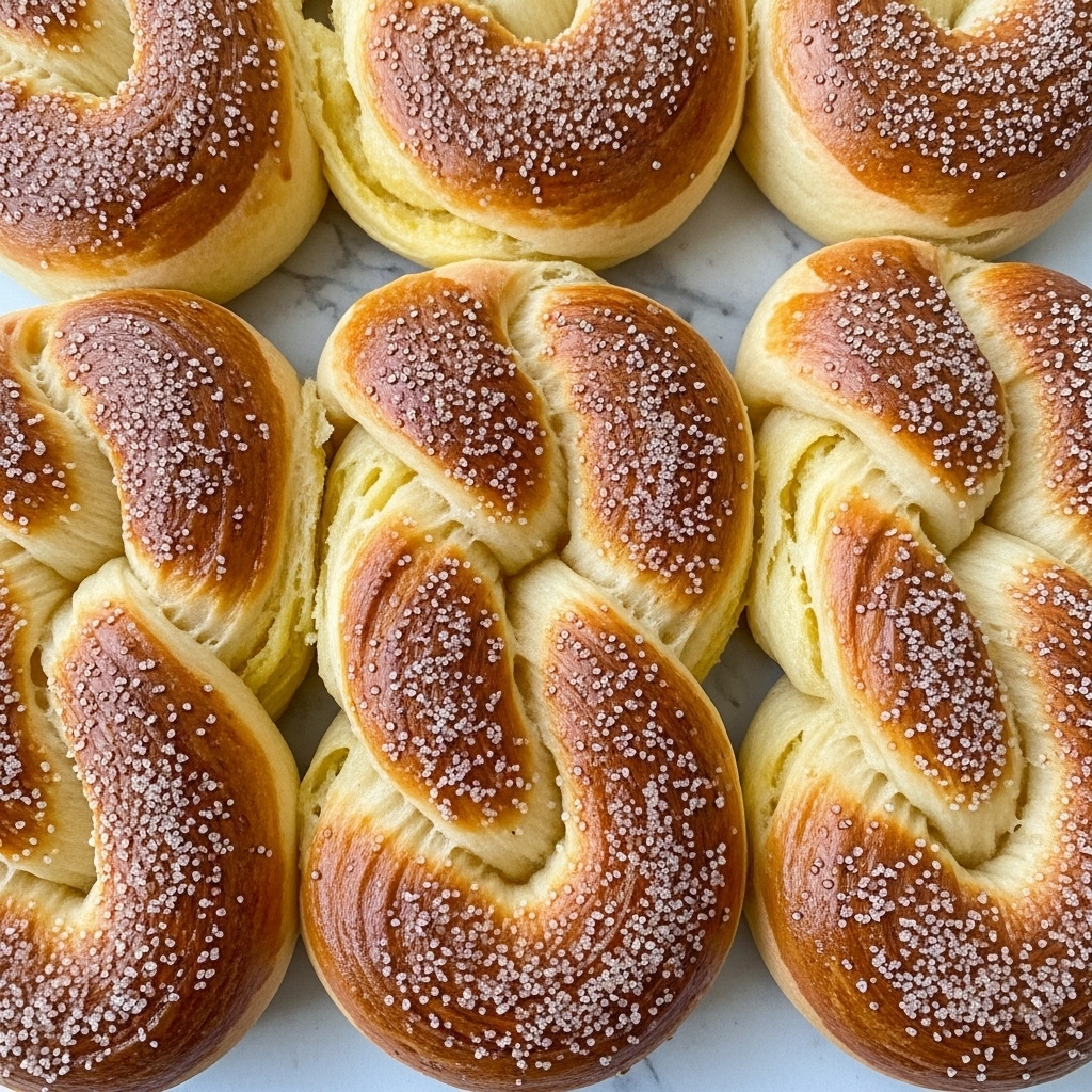 The image shows a close-up view of several golden brown twist pastries covered evenly with granulated sugar. Each pastry has two visible twisted layers of dough that create a braided look, with the sugar crystals sparkling on the surface. The dough appears soft inside with a slightly crispy outer texture, highlighted by the rich brown tones where it is baked more. These pastries are packed closely together in a white container. The background has a soft white marbled texture, creating a clean and bright setting for the warm-colored baked goods. Photo taken with an iphone --ar 4:5 --v 7