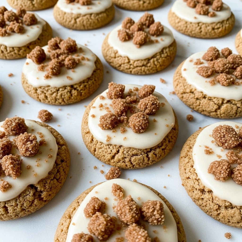 The image shows round cookies placed closely together on a white marbled surface, each cookie having three visible layers: the base is a light brown, slightly textured cookie dough with a soft, slightly cracked surface; the middle layer is a creamy white glaze that covers most of the cookie top evenly; the top layer is made of small, uneven chunks of crumbly brown cinnamon sugar topping scattered generously. Some crumbs are spread around the cookies on the surface, adding a rustic touch. photo taken with an iphone --ar 4:5 --v 7