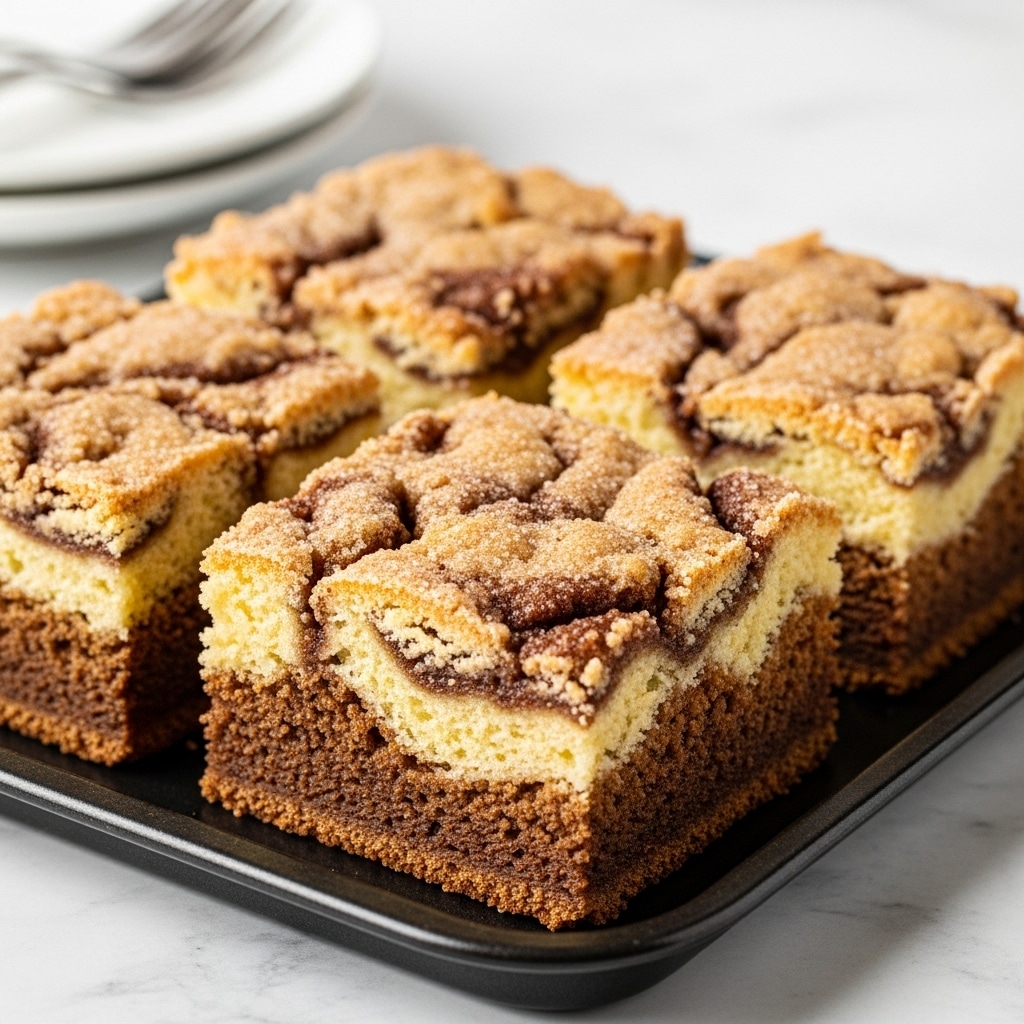 The image shows four square pieces of cinnamon swirl cake arranged closely on a dark baking tray. Each piece has two visible layers: a thick, light golden crumbly top layer with darker brown cinnamon swirls creating a marbled pattern, and a denser, darker brown base layer. The top looks soft and slightly cracked with a sugar dusting that sparkles slightly under the light. The tray is placed on a white marbled surface. In the blurred background, there is a white plate with a stack of forks resting on the court edge. photo taken with an iphone --ar 4:5 --v 7