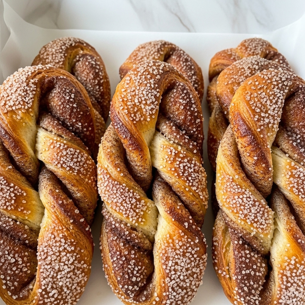 The image shows several freshly baked twisted bread rolls closely placed in rows. Each roll has two thick strands twisted together, showing a golden-brown crust with a soft light yellow inside visible in parts. The bread surface has a fine layer of sugar sprinkled evenly, giving it a slightly grainy texture that shines under light. The soft dough contrasts with the crispy outer layer, and the rolls have a uniform size and shape. The background is a white marbled texture. photo taken with an iphone --ar 4:5 --v 7