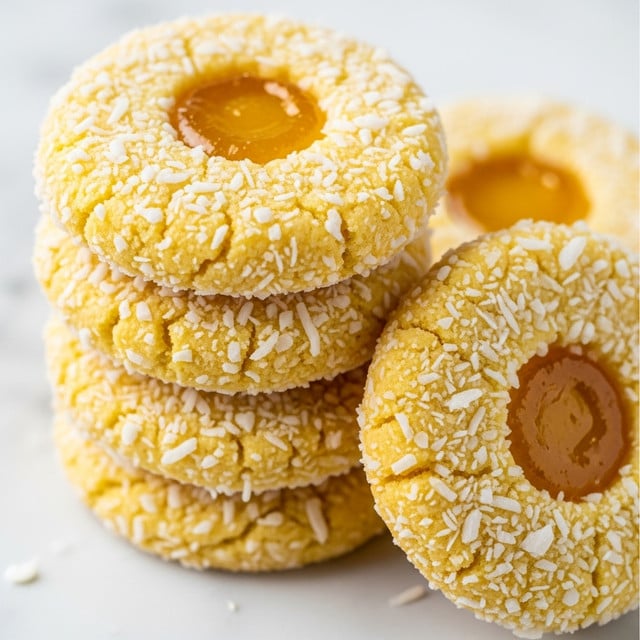 A stack of five round cookies is shown, each cookie with a soft golden yellow color and a rough texture coated in small white shredded coconut flakes. Each cookie has a ring shape with a glossy, bright yellow jam or jelly filling in the center. The cookies are placed on a white marbled surface, and the focus is close-up to show the details of the flaky texture and shiny jelly. photo taken with an iphone --ar 4:5 --v 7