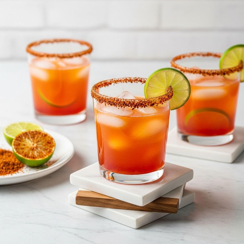 The image shows three clear glasses filled with an orange-red drink, each with ice cubes inside. The glasses have rims coated with a reddish spice mix. One glass is placed on a small stack of white marble coasters with wooden edges positioned on a white marbled surface. There is a small lime slice floating inside the drinks and a lime wedge on the rim of one of the glasses. To the left, a white plate holds some of the reddish spice mix and a lime wedge coated in the same spice. The background features a soft white brick wall texture. Photo taken with an iphone --ar 4:5 --v 7