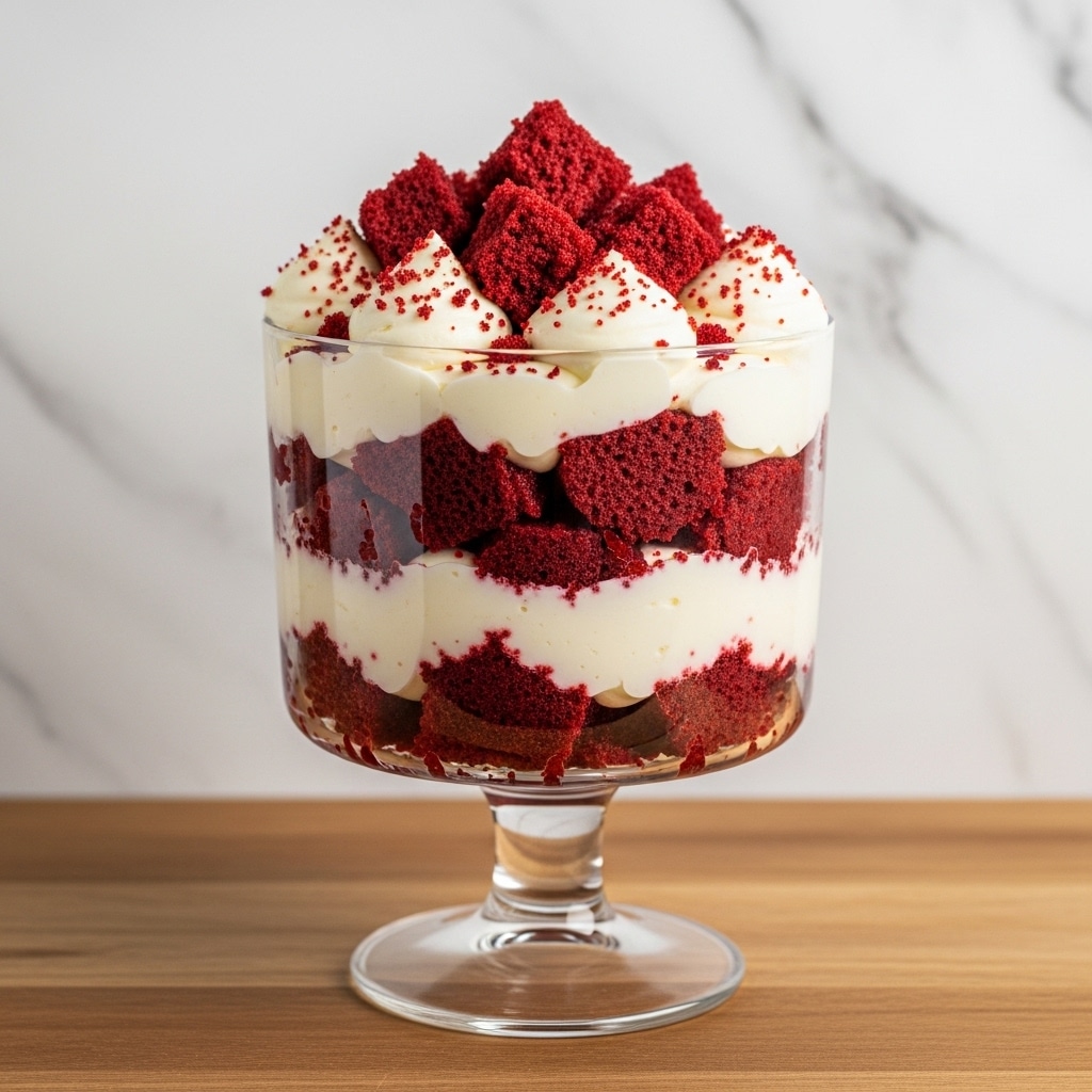 A clear glass trifle bowl holds a layered dessert with three main layers. The bottom layer is a dense, dark red cake crumb. Above it is a thick, smooth white cream layer. On top of this is another layer of the dark red cake crumb, rough and chunky. The top of the dessert is decorated with white whipped cream dollops, sprinkled with light brown crumbs, and topped with glossy deep red dollops of fruit or jelly. The dessert rests on a wooden surface with a soft focus background. photo taken with an iphone --ar 4:5 --v 7