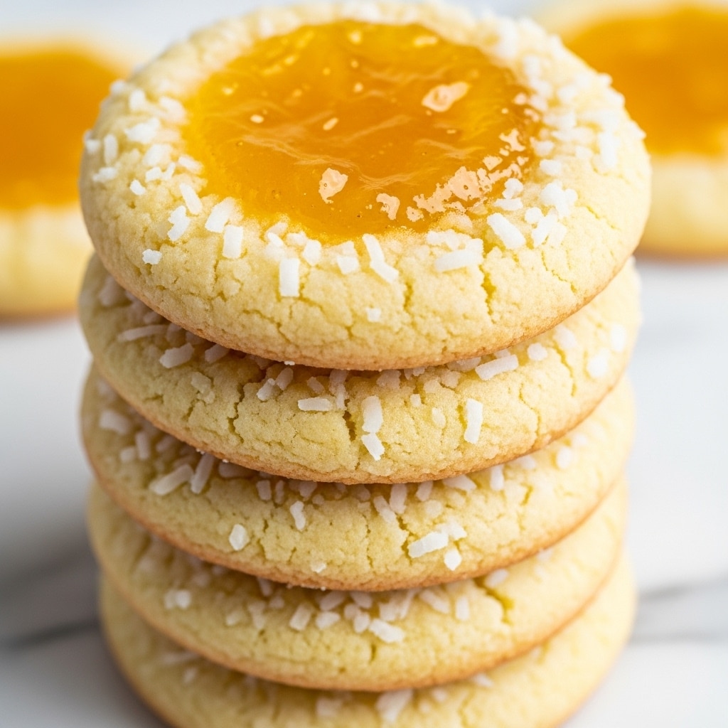 A stack of five round cookies is shown close up. Each cookie has a light yellow, soft-looking texture with small bits of shredded coconut sprinkled on the surface. The top cookie features a glossy, bright yellow jam or jelly layer in the middle, which has a slightly uneven but shiny finish. The cookies are neatly stacked on a white marbled surface, and the edges of each cookie are slightly golden brown. The photo focuses tightly on the cookies, highlighting their moist and chewy texture. Photo taken with an iphone --ar 4:5 --v 7