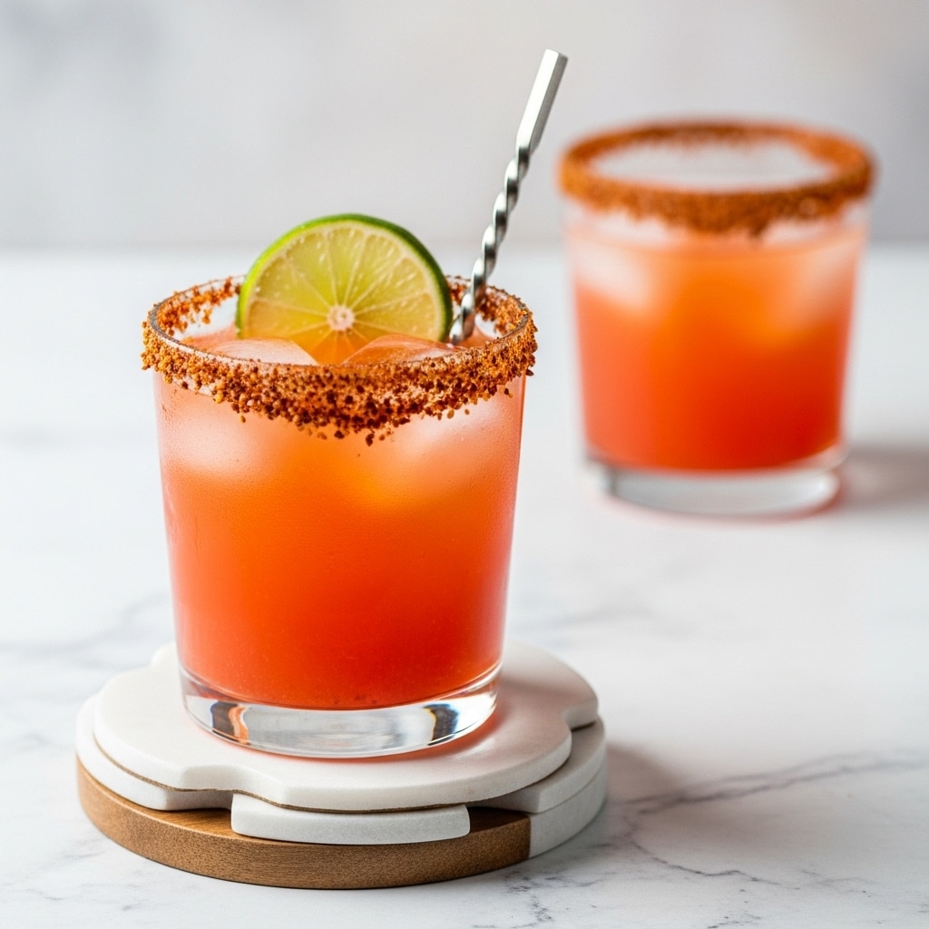 A clear glass filled with a bright orange-red drink containing ice cubes, topped with a green lime slice floating near the surface. The glass rim is coated with a coarse, reddish-brown spice mix, adding texture and color contrast. The glass sits on a small wooden and white marble coaster stack with three layers, set against a soft blurred backdrop where another similar drink glass is partially visible, also rimmed with the same spice. A silver spoon with a twisted handle leans inside the drink, catching light reflections. The scene is placed on a white marbled texture surface. photo taken with an iphone --ar 4:5 --v 7