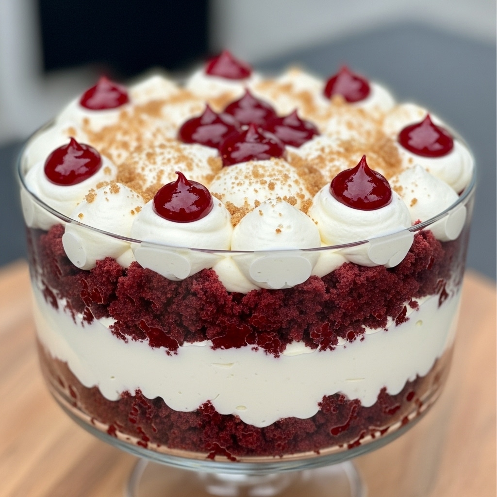This image shows a layered red velvet trifle dessert in a clear glass bowl with a stem. The trifle has three main layers: a deep red velvet cake layer at the bottom with a slightly crumbly texture, followed by a thick white creamy layer in the middle that looks smooth, then another red velvet cake layer above it. The top layer is decorated with dollops of white cream, sprinkled with light brown crumbs, and crowned with rough, chunky pieces of red velvet cake. The glass bowl is placed on a wooden surface with a white marbled texture background. Photo taken with an iphone --ar 4:5 --v 7