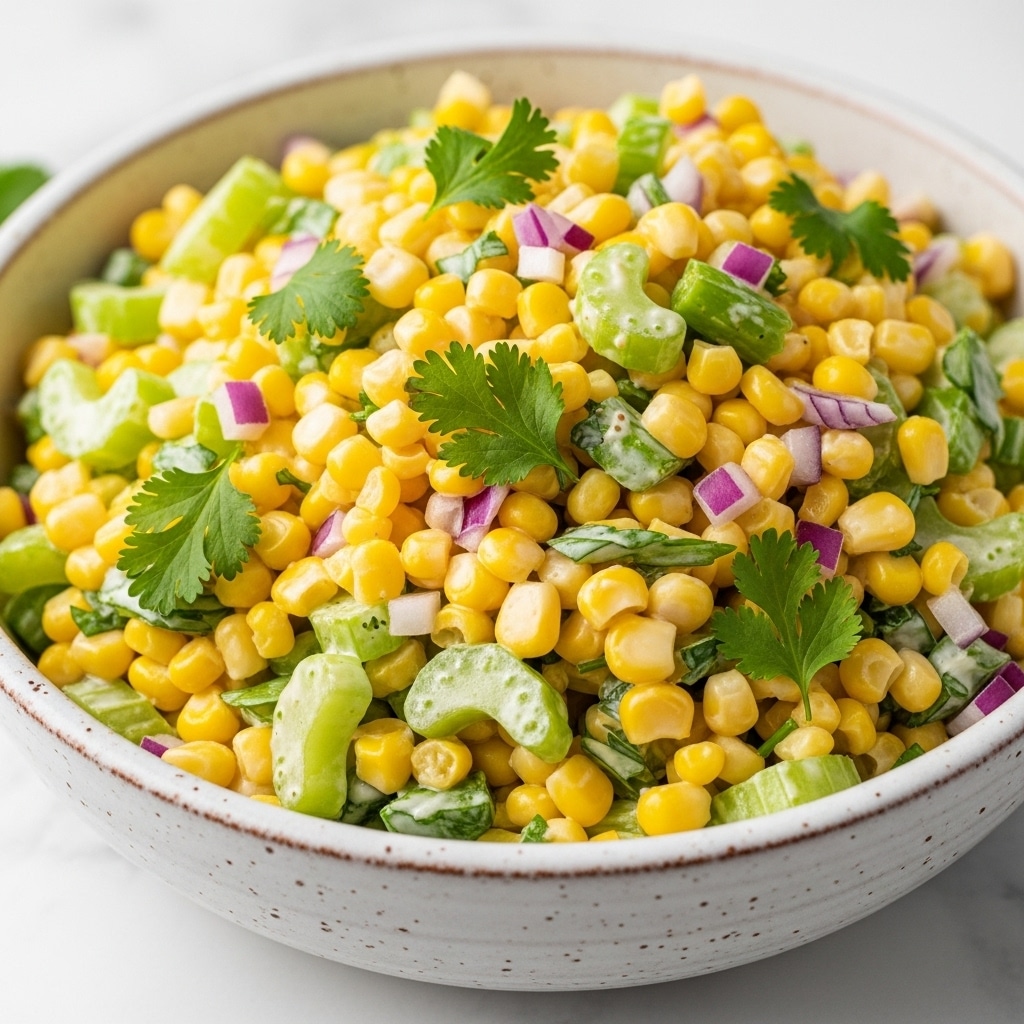 A close-up view of a creamy corn salad in a rustic white bowl, filled with layers of bright yellow corn kernels, pale green celery pieces, small bits of purple onion, and fresh green cilantro leaves mixed with a thick light dressing giving a glossy texture, all set on a white marbled surface, photo taken with an iphone --ar 4:5 --v 7