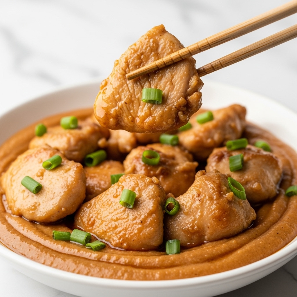A close-up image shows tender cooked chicken pieces that are light brown with a slightly glossy texture from sauce, scattered with small green chopped scallions. The chicken pieces sit in a shallow white bowl filled with sauce that has a smooth, saucy surface. A pair of wooden chopsticks holds a piece of chicken above the rest, showing its cooked, juicy texture. The background is a white marbled texture. photo taken with an iphone --ar 4:5 --v 7