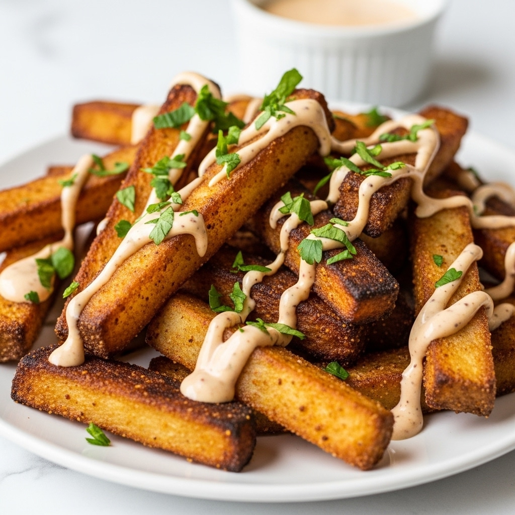 A close-up view of a tall paper container filled with golden-brown French fries as the base layer, each fry crispy with some darker edges visible. On top of the fries, there is a thick layer of rich brown chili with visible pieces of ground meat and beans, textured and hearty. Drizzled generously over the chili is a light beige creamy sauce with specks of spices, creating a zigzag pattern. Scattered on top are small pieces of fresh green parsley, adding a touch of color and freshness. The container sits on a white marbled surface, and the focus is sharp on the middle, softly blurring the background. photo taken with an iphone --ar 4:5 --v 7