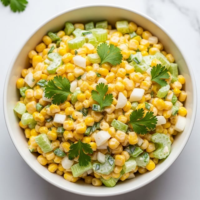 A close-up view of a white bowl filled with a creamy corn salad. The salad has three main layers mixed together: bright yellow corn kernels, small chopped white onions, and light green celery pieces. Fresh green cilantro leaves are scattered throughout adding a touch of color. The creamy dressing lightly coats all ingredients, giving the salad a smooth texture. The bowl sits on a white marbled textured surface. photo taken with an iphone --ar 4:5 --v 7