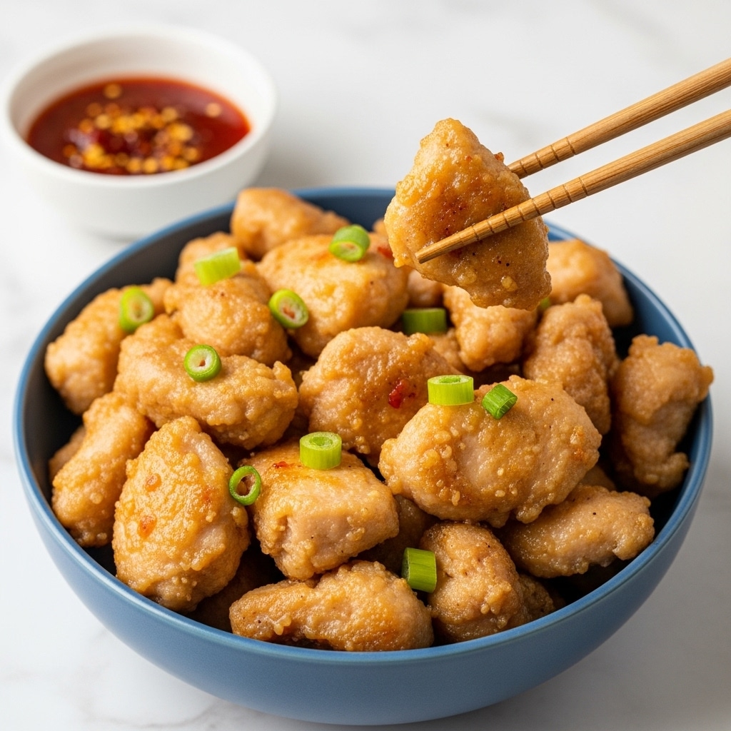 A blue bowl filled with many pieces of cooked chicken, light brown with some golden edges, sprinkled with small green onion slices on top, two wooden chopsticks picking up a piece of chicken, in the background a small white bowl containing red sauce with crushed chili, all set on a white marbled surface. photo taken with an iphone --ar 4:5 --v 7