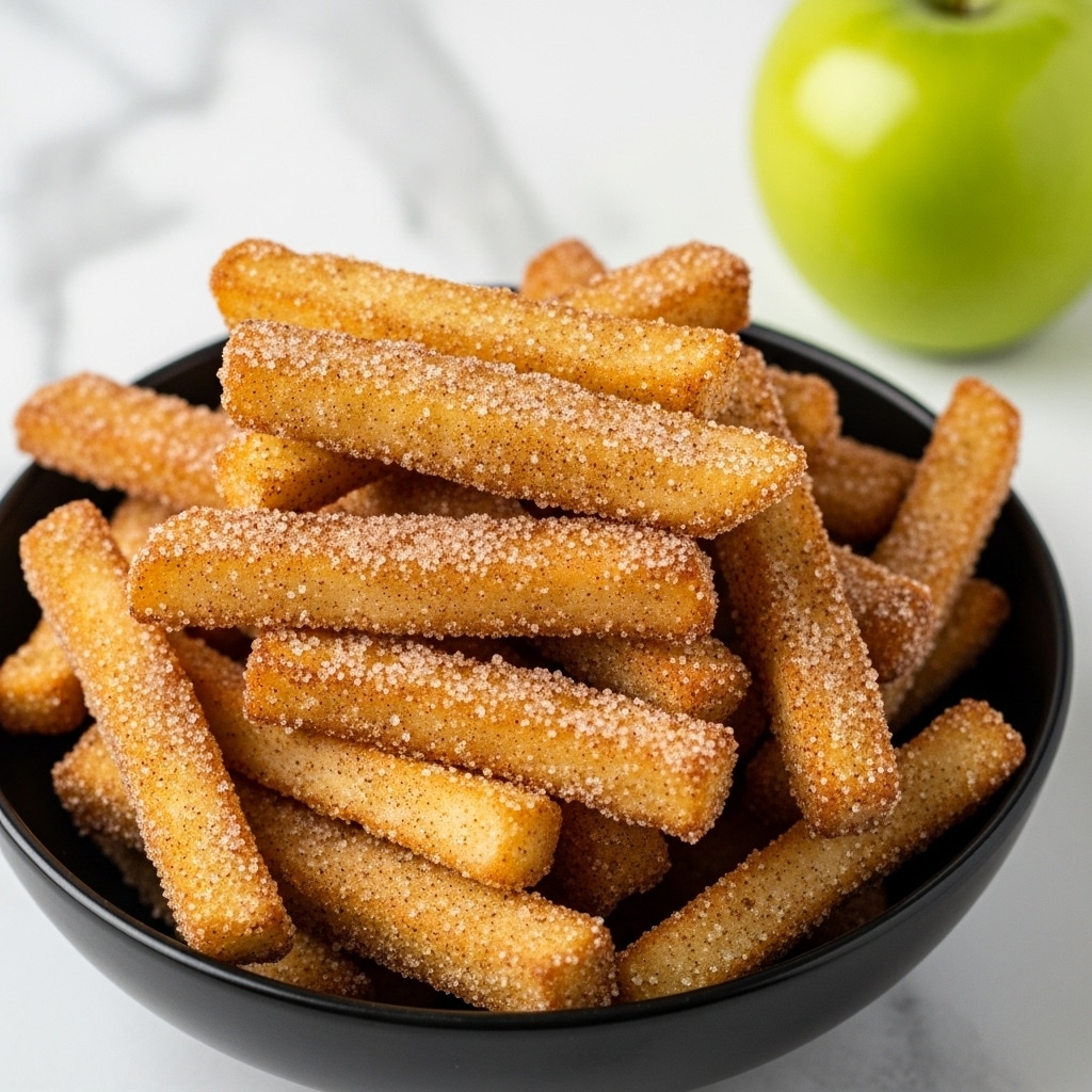 A black bowl filled with a thick pile of golden-brown fries coated in shiny sugar and cinnamon crystals, showing a mix of crispy and soft textures. The fries are stacked unevenly, some lying flat and others leaning against each other, making the coating sparkle in the light. In the background, slightly out of focus, there is a whole green apple resting on a white marbled surface. Photo taken with an iphone --ar 4:5 --v 7