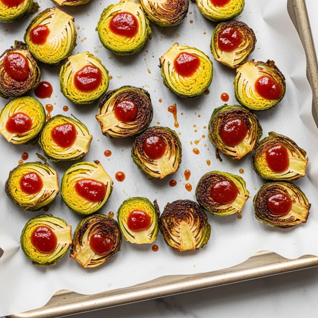 This image shows a baking tray covered with parchment paper holding roasted Brussels sprouts cut in halves. Each halved Brussels sprout displays outer layers that are crisply browned with some charred black edges, while the inside layers remain a mix of bright green and light yellow. The sprouts are scattered unevenly across the tray and are topped with drops of a sticky red sauce that adds spots of shiny texture and rich color contrast. The tray rests on a white marbled surface. photo taken with an iphone --ar 4:5 --v 7