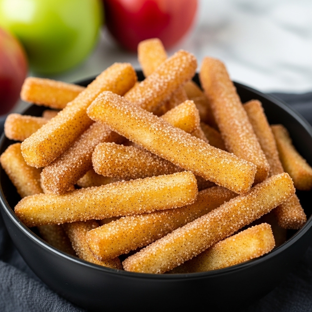 A close-up view of a black bowl filled with golden brown fries, each stick coated evenly with a sparkling layer of cinnamon sugar, giving a slightly grainy texture on the surface. The fries are piled high, showing a mix of light yellow and darker orange-brown hues from the cinnamon, with tiny specks of cinnamon visible. In the blurred background, there are a few green and red apples adding soft, natural colors, while the bowl rests on a dark cloth that contrasts with the white marbled surface beneath. photo taken with an iphone --ar 4:5 --v 7
