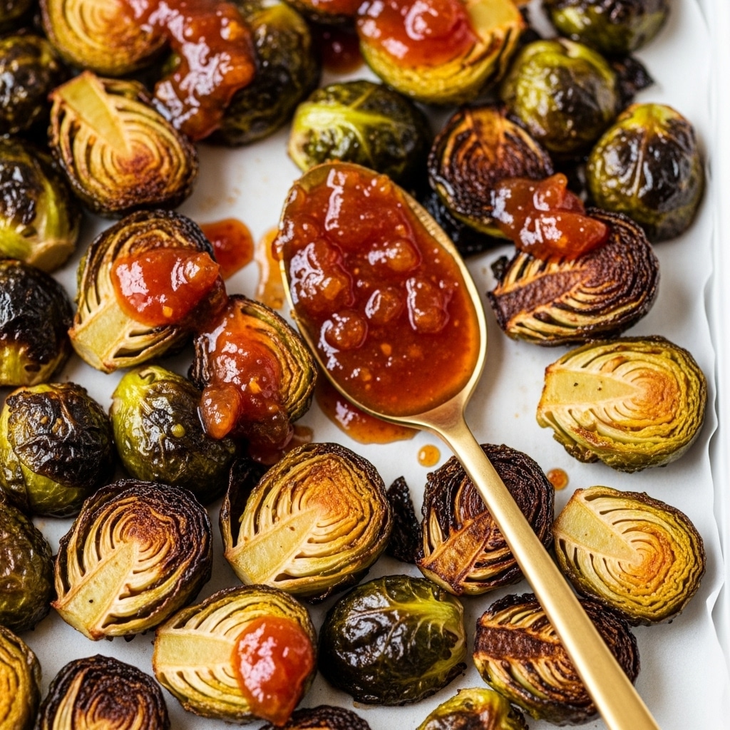 The image shows a close-up of roasted Brussels sprouts on a white baking tray lined with parchment paper. The Brussels sprouts are halved and caramelized with a mix of golden brown and green shades, with some edges charred dark brown. A golden spoon rests on the tray, holding a glossy reddish-orange sauce with visible chunks and a sticky texture that lightly drips over some of the sprouts. The overall look is warm and rich with a mix of crisp and saucy textures. Photo taken with an iphone --ar 4:5 --v 7