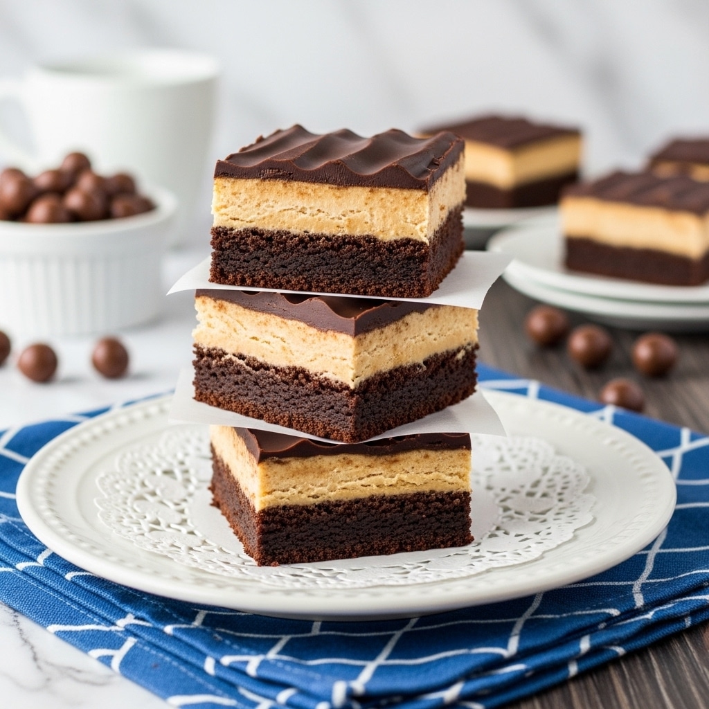 The image shows a stack of three rich dessert bars on a white plate with a white lace doily underneath. Each bar has three layers: a dark, dense chocolate brownie base at the bottom, a middle creamy peanut butter layer with a smooth texture, and a top glossy dark chocolate layer with slight wave patterns. The plate is placed on a blue napkin with white geometric patterns, set on a dark wooden table with a white marbled texture background. In the blurry background, there is a white cup and a white bowl filled with round chocolate candies, with some candies also scattered on the table. Photo taken with an iphone --ar 4:5 --v 7