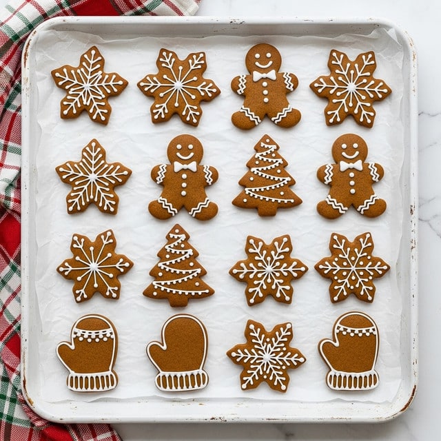 A white baking tray with worn edges holds fifteen gingerbread cookies arranged in a neat 4x4 grid on white crinkled parchment paper. The cookies vary in shape and design: snowflakes with white icing patterns showing straight and diagonal lines and dots, gingerbread men with smiling faces, bow ties, and buttons in white icing, Christmas trees decorated with white icing garlands and dots, five-point stars adorned with simple white dots and lines forming snowflake shapes, and mittens with white icing details at the cuffs. The tray sits on a white marbled surface with parts of a red, green, and white checked cloth visible at the top left corner. photo taken with an iphone --ar 4:5 --v 7