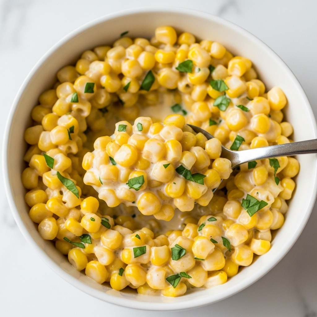 A white bowl filled with creamy corn kernels mixed with small green herbs, giving a fresh look. The corn is bright yellow and looks soft and shiny, covered in a smooth sauce that coats every piece. A silver spoon is scooping some of the corn, showing the thick, creamy texture. The bowl sits on a white marbled surface. photo taken with an iphone --ar 4:5 --v 7
