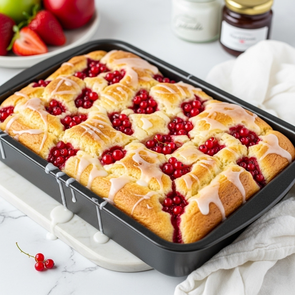 A rectangular baked dessert in a black baking pan shows a golden-brown top layer with a light glaze dripping over it, giving a shiny white look on parts of the surface. Bursting red berries are scattered across the top, creating bright spots of deep red color. The bread or cake beneath looks soft and has a light crust with a fluffy texture, showing some uneven, puffy layers. The pan sits on a white marbled surface with a white cloth nearby, and there are fresh fruits and two small jars in the background. photo taken with an iphone --ar 4:5 --v 7