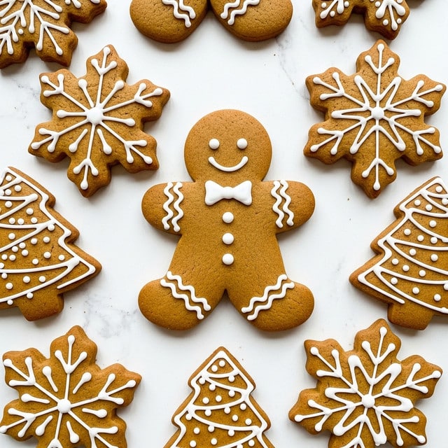 The image shows a collection of gingerbread cookies on a white marbled textured surface. There are various shapes including a central gingerbread man decorated with white icing forming eyes, a smiling mouth, a bow tie, buttons, and wavy lines on the arms and legs. Surrounding the gingerbread man are snowflake-shaped cookies, each decorated with white icing in intricate patterns resembling snowflake arms and dots. There are also tree-shaped cookies decorated with white icing in wavy lines and dotted patterns that mimic tree ornaments. The cookies have a golden brown color and appear freshly baked with smooth textures. Photo taken with an iphone --ar 4:5 --v 7