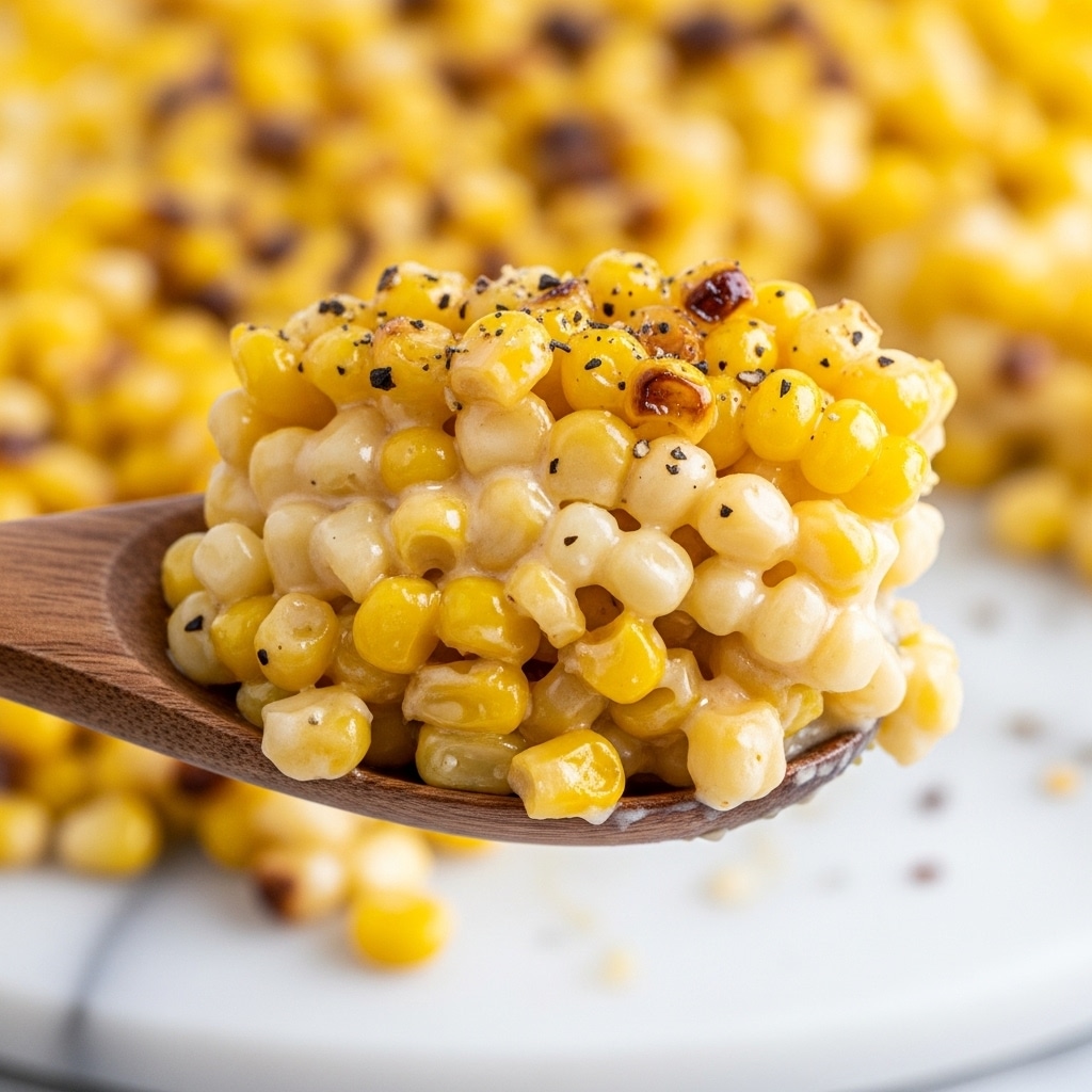 A close-up view of a wooden spoon holding a generous scoop of creamy corn dish with two main layers: the bottom and middle layers are plump yellow and white corn kernels coated in a glossy, melted cheese sauce that looks rich and thick, and the top layer is slightly browned and caramelized corn with scattered black pepper flakes adding texture and color contrast. The background shows more of the same corn dish blurred out, sitting on a white marbled surface. photo taken with an iphone --ar 4:5 --v 7
