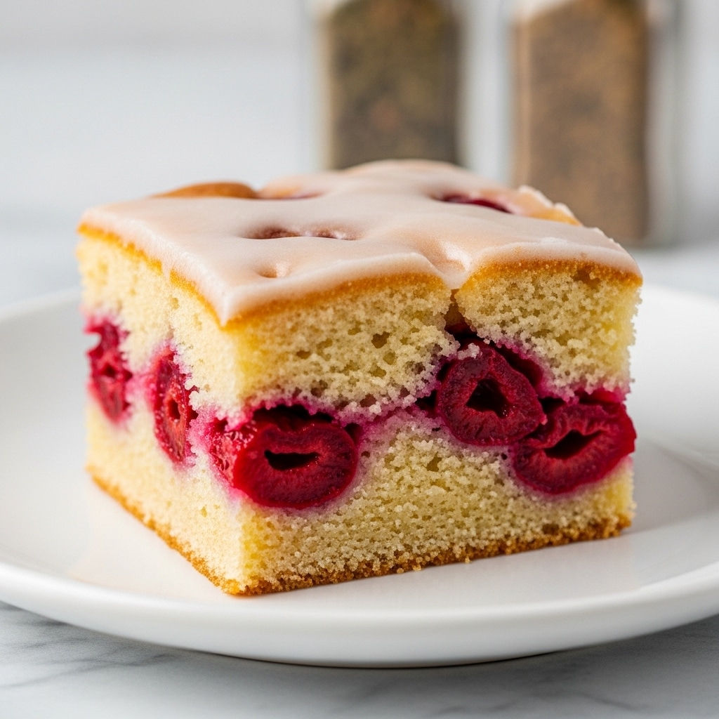 A close-up of a single square piece of cherry cake sits on a white plate with a white marbled surface underneath. The cake has two visible layers: a lightly golden brown crust on the outside and a soft, moist inner layer with several bright red cherry pieces embedded inside. The top is uneven and covered with a thick layer of semi-transparent white icing that drips slightly down the sides. The texture of the cake looks airy and tender with small holes visible in the crumb. In the blurred background, two spice bottles are visible but out of focus. Photo taken with an iphone --ar 4:5 --v 7