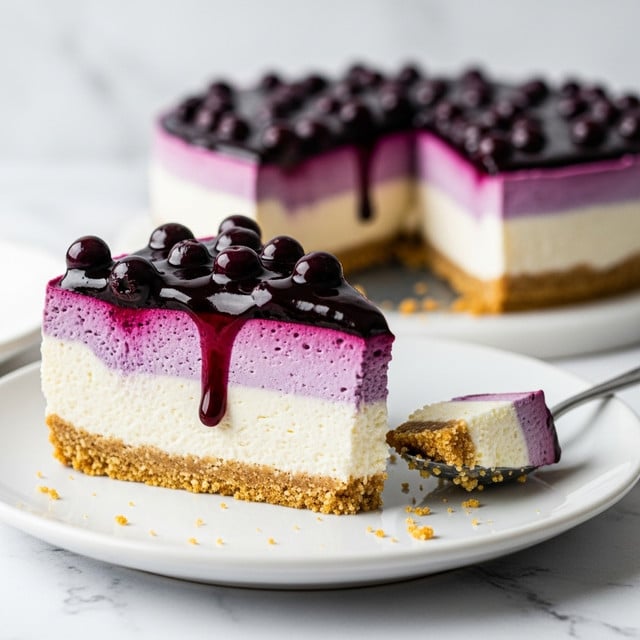 A close-up of a slice of blueberry cheesecake on a white plate with a white marbled texture background. The cheesecake has three clear layers: the bottom layer is a crumbly, golden-brown graham cracker crust; the middle layer is thick, creamy, and white cheesecake filling; the top layer is a glossy, dark purple blueberry topping with whole blueberries visible, some blueberry juice slightly dripping down the sides. Next to the slice, there is a spoon with a small bite of the cheesecake, showing the texture of the crust and creamy filling. In the background, there is the rest of the cheesecake, slightly out of focus. Photo taken with an iphone --ar 4:5 --v 7