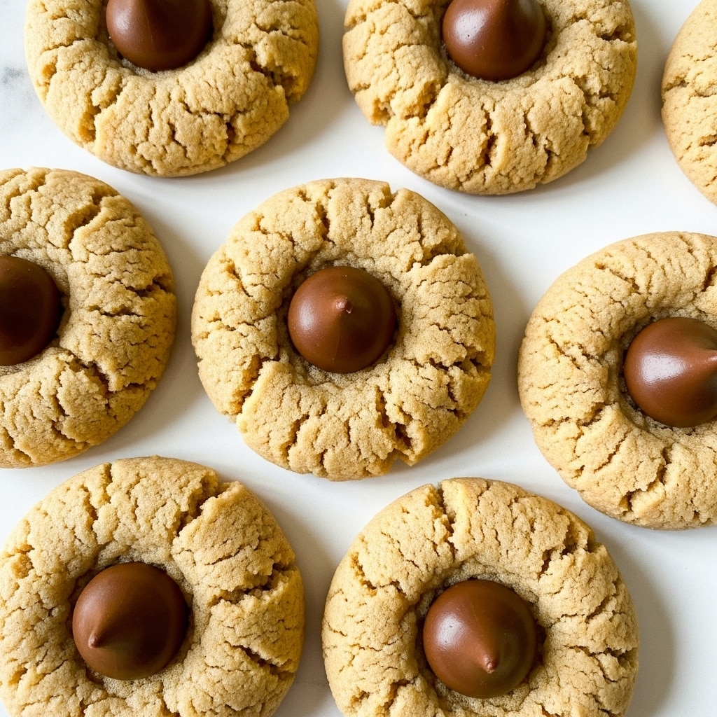 The image shows several peanut butter thumbprint cookies arranged on a white marbled surface. Each cookie has a light golden brown color with a soft, slightly crumbly texture. In the center of each cookie, there is a single smooth, shiny dark chocolate kiss pressed into the dough, creating a small, round depression around it. The cookies are placed close to each other, filling the frame evenly with no plate visible. The lighting highlights the subtle cracks and crumbly edges of the cookies, giving them a fresh, homemade look. Photo taken with an iphone --ar 4:5 --v 7