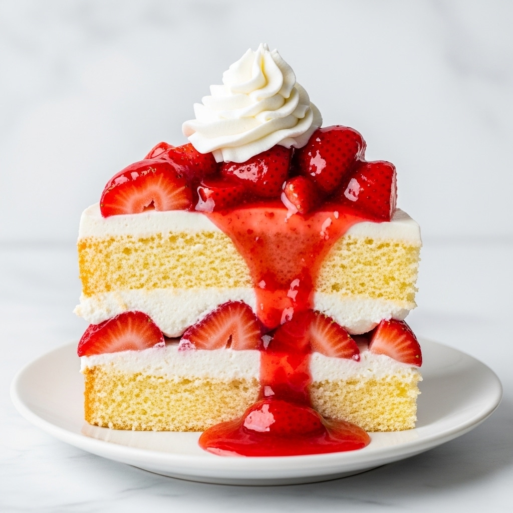 The image shows a slice of layered strawberry shortcake on a white plate sitting on a white marbled surface. The cake has two thick layers of light yellow sponge cake. Between these sponge layers is a layer of fresh, bright red sliced strawberries mixed with a thick white cream. On top of the upper sponge cake layer is another spread of white cream, covered with more shiny red strawberry slices and a drizzle of red strawberry sauce that flows down the side of the slice and pools on the plate. The slice is finished with a fluffy swirl of white whipped cream placed on the top center. photo taken with an iphone --ar 4:5 --v 7