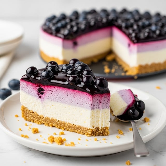 The image shows a slice of blueberry cheesecake on a white plate with a white marbled background. The dessert has three clear layers: a crumbly golden-brown crust at the bottom, a thick creamy white cheese layer in the middle, and a glossy dark blue blueberry topping with whole blueberries covering the top. There are some crumbs and a bit of blueberry sauce on the plate near the slice, and a spoon with a bite of the cheesecake rests on the side. In the background, the rest of the cheesecake is slightly out of focus. Photo taken with an iphone --ar 4:5 --v 7