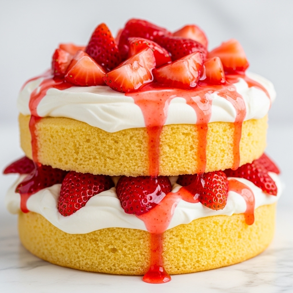 The image shows a two-layer yellow sponge cake with a close-up view. The bottom layer is golden and fluffy, topped with a thick layer of white whipped cream that is soft and smooth. On top of the cream is a generous amount of bright red sliced strawberries, some covered in shiny strawberry syrup dripping slightly down the sides. The second layer of cake sits on top, looking moist and light, crowned with another thick dollop of the same white whipped cream. More sliced strawberries with syrup are piled on the top, creating a fresh and juicy look. The cake is set against a white marbled surface. Photo taken with an iphone --ar 4:5 --v 7
