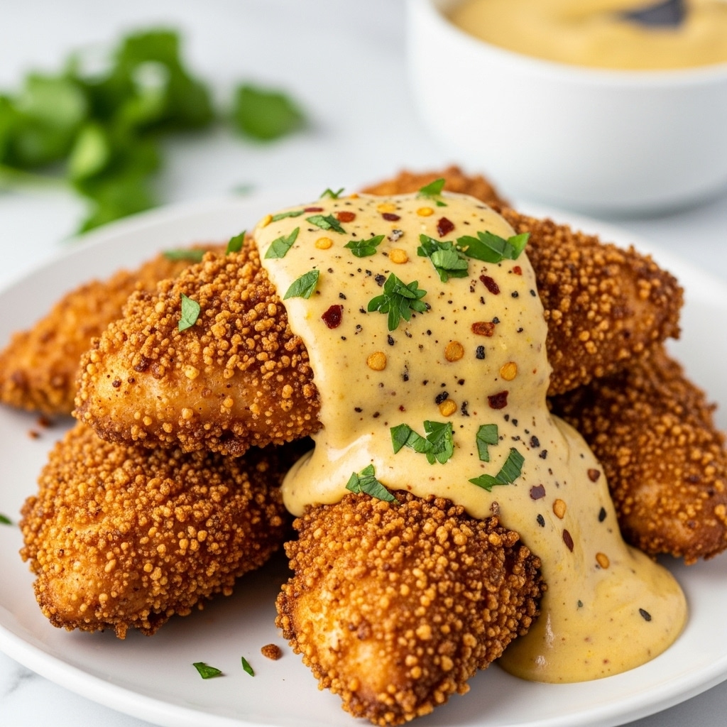 The image shows several pieces of crispy fried chicken with a crunchy golden-brown coating stacked on a white plate. On top and slightly around the chicken, there is a thick, creamy yellow sauce with specks of black pepper and red flakes. Fresh green chopped herbs are sprinkled over the sauce, adding a pop of color. In the background, there is a blurred white bowl with more sauce and some green leaves on the white marbled surface. The dish looks rich and appetizing. photo taken with an iphone --ar 4:5 --v 7